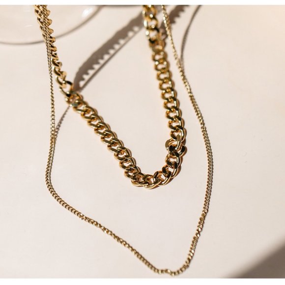 18K Gold Plated Double Layer Link Chain Necklace - Picture 6 of 8